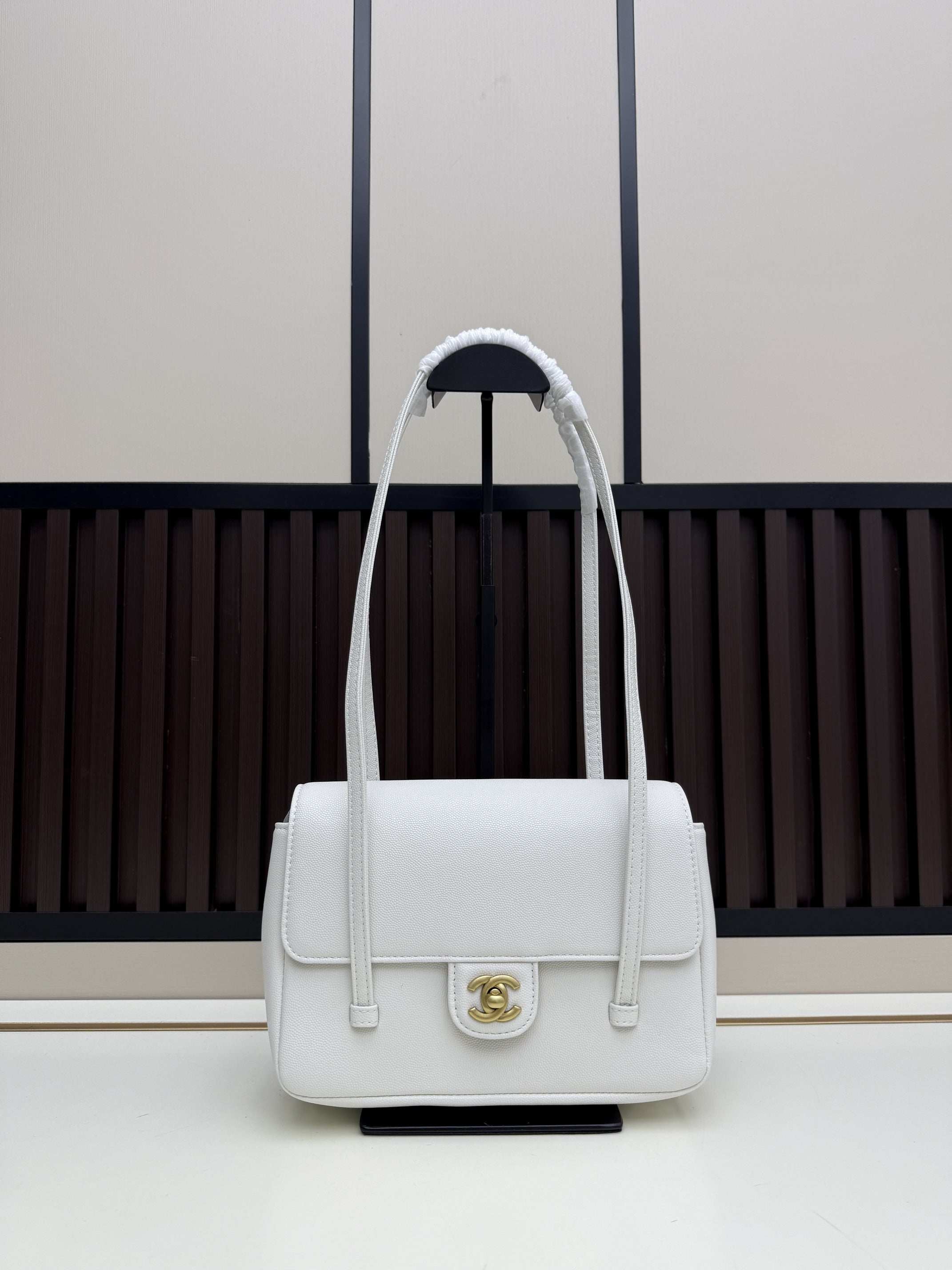 White Caviar Leather Flap Shoulder Bag with Gold Hardware
