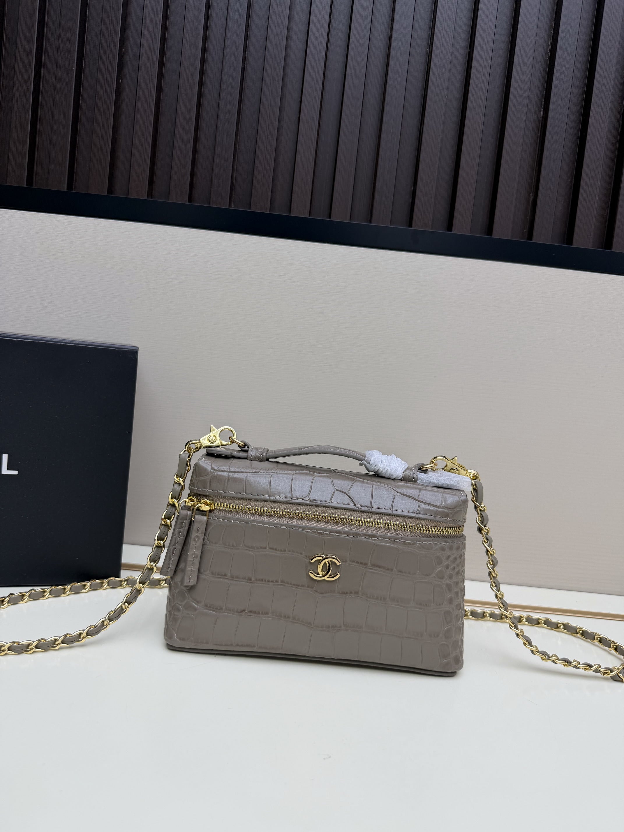 Chanel Vanity Case Bag  Grey Embossed Leather with Gold Hardware