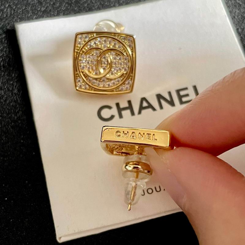 Chanel Gold-Tone Crystal CC Square Stud Earrings