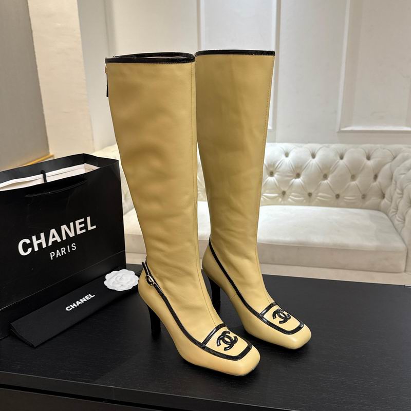 Chanel Beige Knee-High Boots with Black Trim
