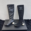 Chanel Black Logo-Emblem Knee-High Boots