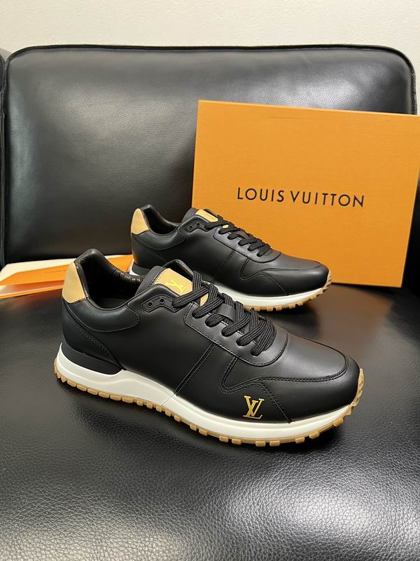 Louis Vuitton Run Away Sneaker in black leather with gold LV monogram, displayed in front of the orange Louis Vuitton box