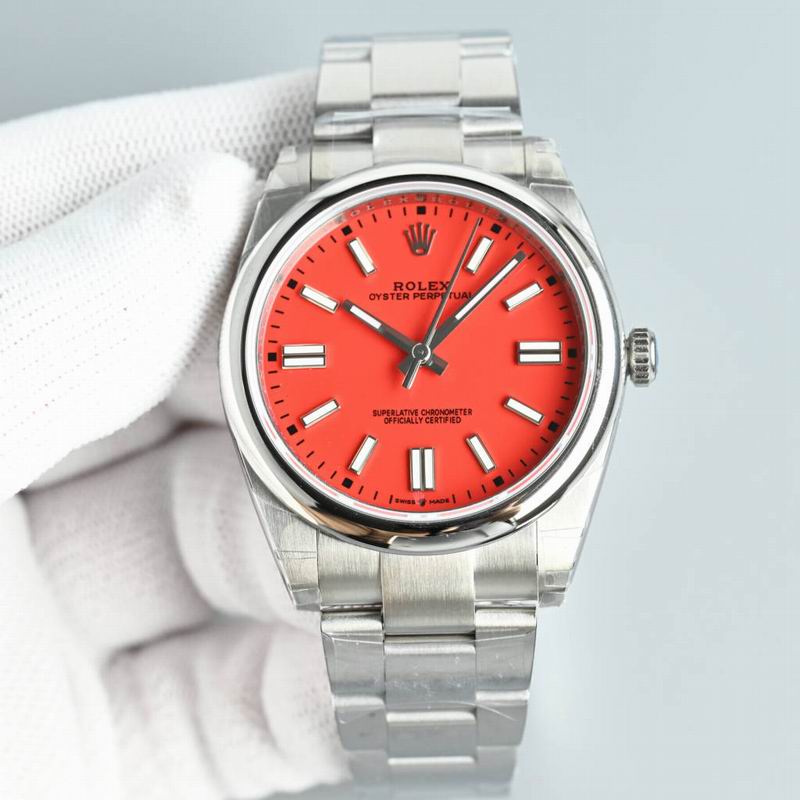 Rolex Oyster Perpetual Watch with Red-Orange Dial