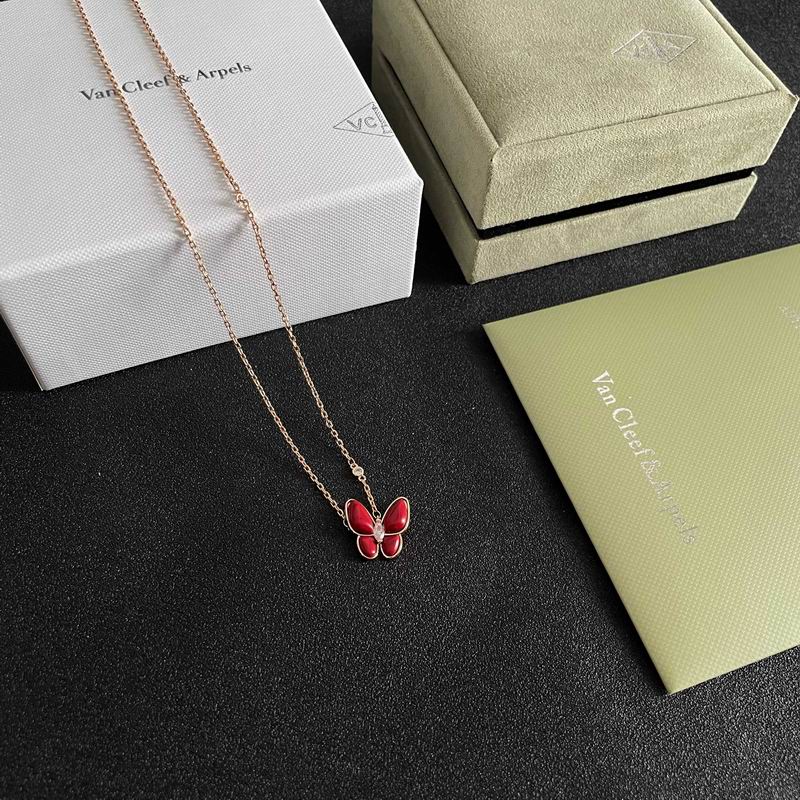 Van Cleef & Arpels Red Butterfly Pendant Necklace on a Rose Gold-Tone Chain